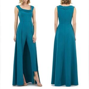 NWT $338 Kay Unger Alara Walk Thru Jumpsuit‎ Boat Neck Teal Blue Size 8